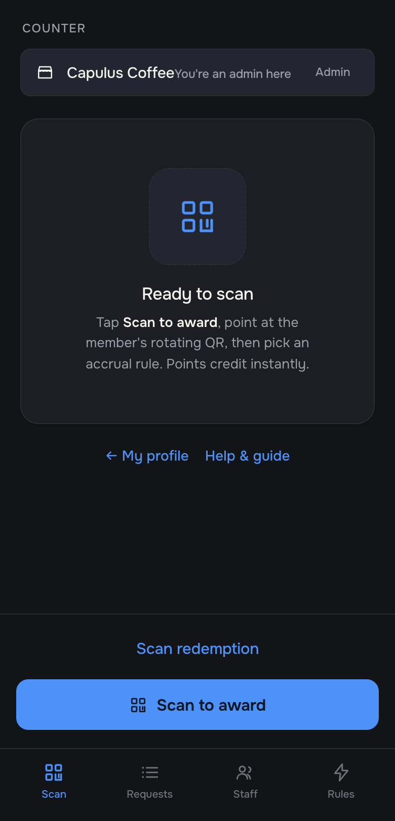 Merchant-admin Scan tab: pick the merchant and tap Scan to award